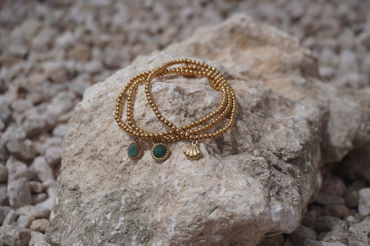 Oceana Armband (set van 3), Set van drie kralenarmbandjes, Stainless steel · groene steen